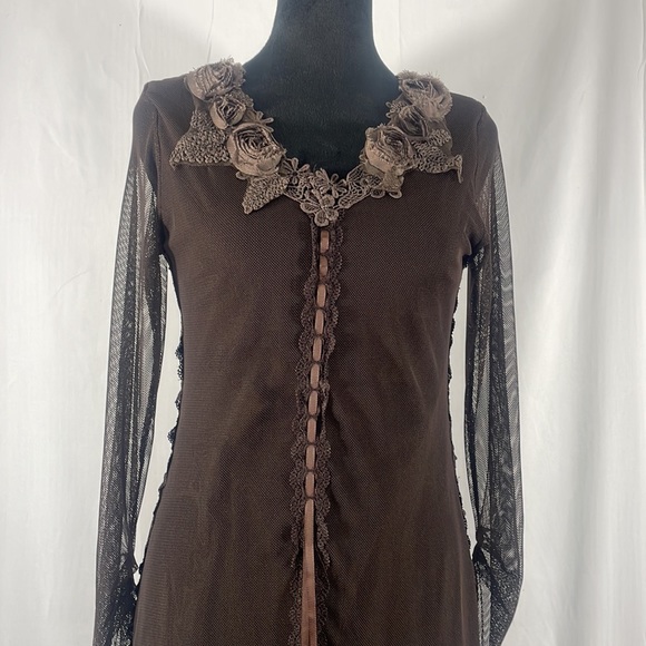 Pretty Angel Brown Dress,tunic dress, top,lace,floral design,sheer,ruffles,small - Picture 2 of 10